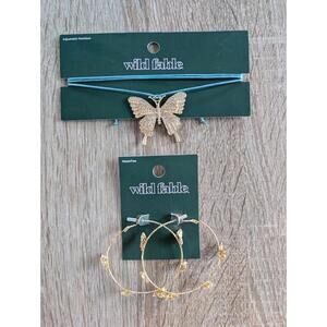 NWT Wild Fable Butterfly Necklace And Hoop Earrings Set Gold Tone Boho Bratz Y2K